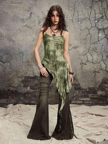 Grunge Punk Y2K Distressed Tie-Dye Asymmetrical Ruffle Hem Design Women Camisole - Army Green - View 7