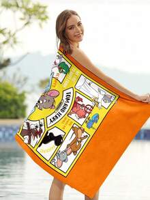 TOM & JERRY X SHEIN 字母和卡通图案海滩必备！柔软超强吸水超细纤维沙滩巾，提升你的海滩时光 - 橘色 - 查看 6