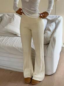 Aloruh Women's Casual Slim Fit Flared Leg Knitted Pants, Versatile For Home, Commute, Outing, Autumn/Winter, Beige,Fall - Apricot - View 5