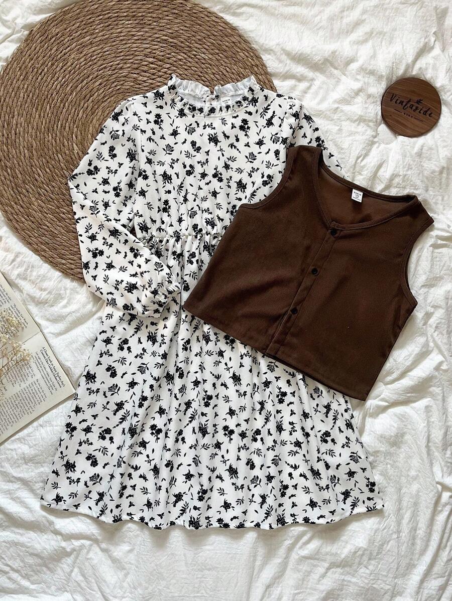 SHEIN Girls' Brown Vest And Floral Ruffle Puff Sleeve Countryside Dress Set, Autumn/Winter Fall - Brown - View 1