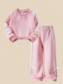 Casuvi Kids Casuvi Kid Girls 2-Piece Set, Pink Knit Pullover Hoodie And Wide Leg Pants, Bow Decor, Side Contrast Trim, Casual & Cute Style, Suitable For Spring/Autumn Daily, Sports, Vacation Fall Winter