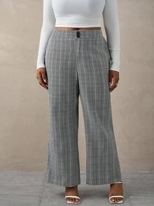 SHEIN Tall CURVE Quần ống rộng thiết kế nút đơn giản dành cho nữ cỡ lớn - Xám - Xem 7