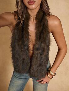 SHEIN BAE Autumn And Winter Sexy Asymmetrical Hem Tie Deep V Faux Fur Vest, Suitable For Going Out, Night Party, Rave Party, Western, Brown Tops,Halloween Costumes,Fall Clothes For Women