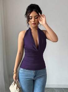 Zielony Elastic Knit Draped Neck Reversible Slim Fit T-Shirt Clothes For University - Purple - View 6