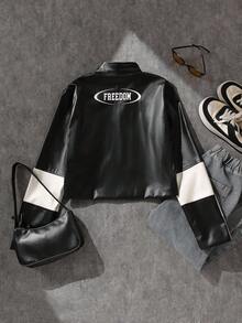 Teen Girls' Colorblock Letter Print Jacket, Fashionable For Spring & Autumn Fall Winter - Black - View 2