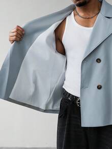 Manfinity Homme Herren Langarm Lässig einfarbiger Doppelreiher Trenchcoat, Frühling/Herbst leicht blauer Doppelreiher Trenchcoat, ein tolles Geschenk für deinen Freund, Rückkehr zur Schule Doppelreiher Baby Blau Anzug - Grau - Übersicht 7
