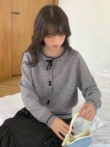 DAZY Teen Girl Contrast Color Bow Decor Round Neck Long Sleeve Single-Breasted Casual Cardigan Sweater Fall/Winter - Grey - View 5