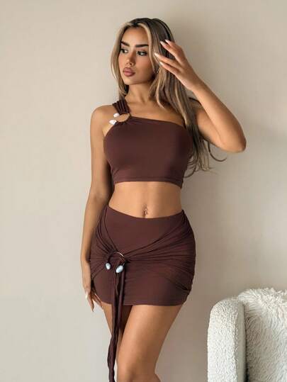 SHEIN ICON Women's Solid Color Ring Connected Sleeveless Cropped Top And Low Waist Mini Skirt Set Brown Two Piece Set