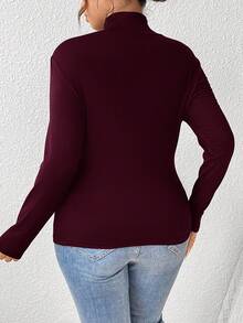 SHEIN Frenchy Plus Áo thun dệt kim cổ bẻ ôm vừa vặn có gân trơn Áo cơ bản Áo dài tay Áo dài tay cho nữ Áo trơn màu Áo cổ bẻ Áo dài tay cho nữ - Màu Đỏ Sâu - Xem 2