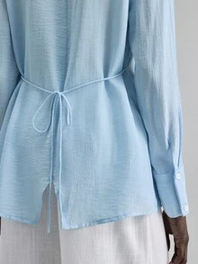 Ontre Women's Blue Collar Long Sleeve Shirt, Minimalist Fashion Urban Business Casual Blouse For Office, Island Resort & Outdoor Wear - Blue - View 3