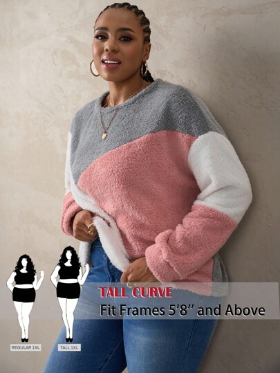 SHEIN Tall CURVE Sudadera informal de cuello redondo con bloques de color y textura esponjosa, talla grande, para otoño/invierno