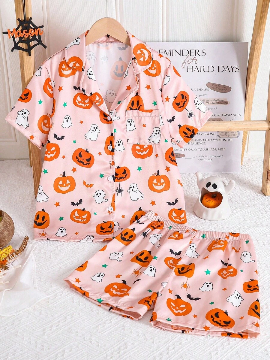 Bộ đồ ngủ 2 món in hình quả bí ngô Halloween dành cho bé gái tuổi teen, tay ngắn, quần short - Màu be - Xem 1