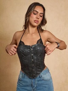 SHEIN BAE 女士蕾丝拼布黑色吊带上衣 - 深灰色 - 查看 5