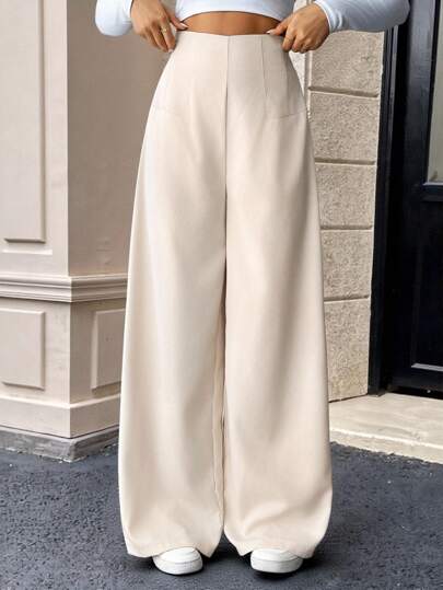 SHEIN Serisse Kids Pantalones rectos de cintura alta y pierna ancha cómodos y de moda para niñas preadolescentes, adecuados para uso diario, color albaricoque