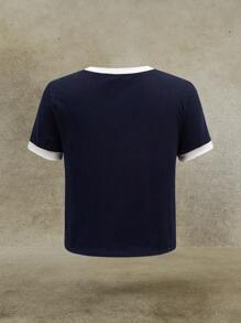 Discovery X SHEIN Women's Contrast Trim Letter Graphic Round Neck Short Sleeve T-Shirt