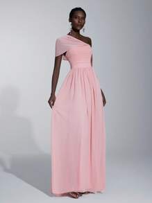 Elitara Elegant Romantic Chiffon Asymmetrical Shoulder Ruched Flounce Sleeve High Slit A-Line Hem Dress, Suitable For Wedding, Party, Date, Bridesmaid - Pink - View 7