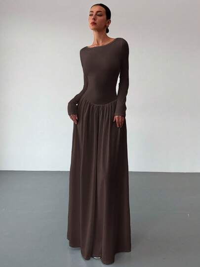 Aloruh 新款性感船领棕色长袖秋冬紧身连衣裙，百搭修身