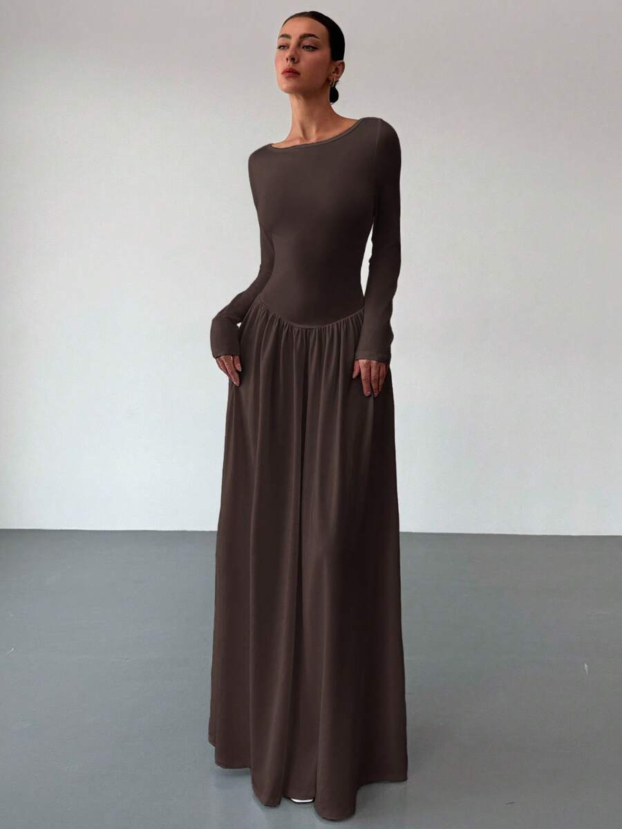 Aloruh Đầm ôm sát cổ thuyền màu nâu tay dài thời trang thu đông mới, đa năng và tôn dáng