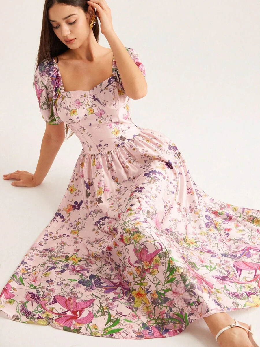 Aveloria Rosie Sukienka maxi z satyny z kwiatowym nadrukiem i bufiastymi rękawami w stylu vintage, w romantycznym, wiejskim stylu, dla kobiet - Wielokolorowe - Zobacz 1