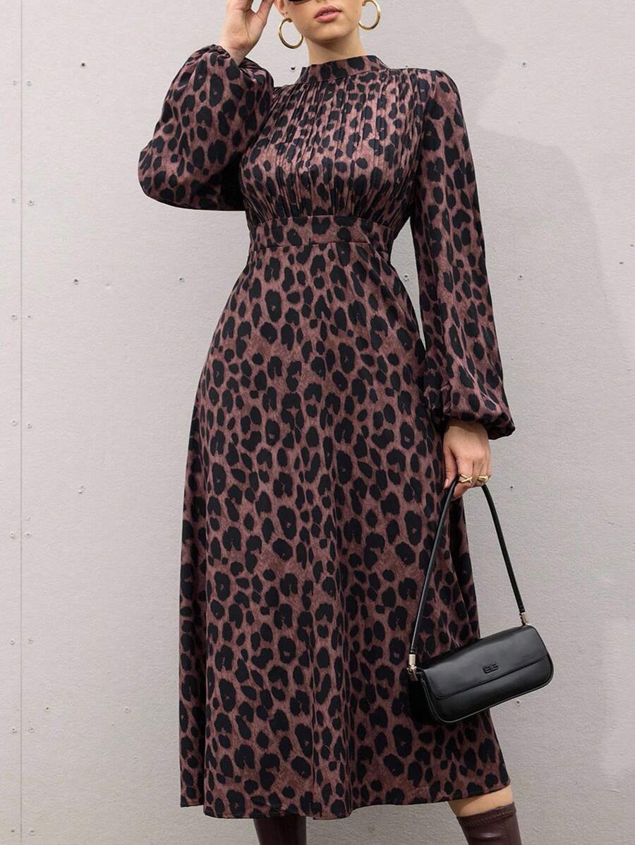 Aveloria Modichic Vintage Leopard Print Ruched Front Waist Cinched Long Sleeve Dress Fall Cloth For Women - Multicolor - View 1