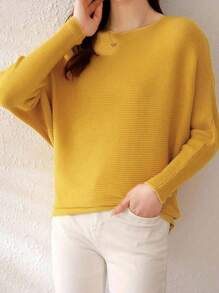 EMERY ROSE Suéter de punto acanalado con cuello de barco, mangas de murciélago y unicolor, tops de manga larga, jersey de punto para otoño e invierno - Amarillo - Ver 5