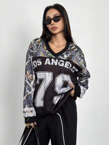 Teens (Girls) Casual Street Sports Jersey Camouflage Oversized V-Neck Sweatshirt Fall Winter - Black - View 4