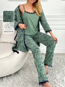 EURMUSE 100%纯棉3件套女士纯棉花朵印花蕾丝家居睡衣套装