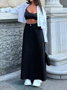 EURMUSE 100% Cotton A-LINE BLACK DENIM SKIRT - Black - View 6