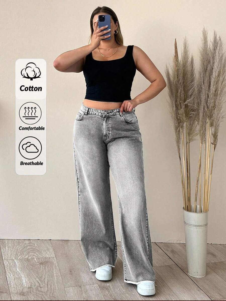SHEIN Cottnline 100%纯棉高腰直筒大码浅灰色牛仔裤 - 淺灰色 - 查看 1