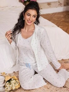 CottageSlumber 3pcs CottageSlumber Lace Trim Ditsy Floral Long Sleeve Cardigan And Cami Top With Long Pants Pajama Set, Fall Clothes  Cozy And Elegant Details