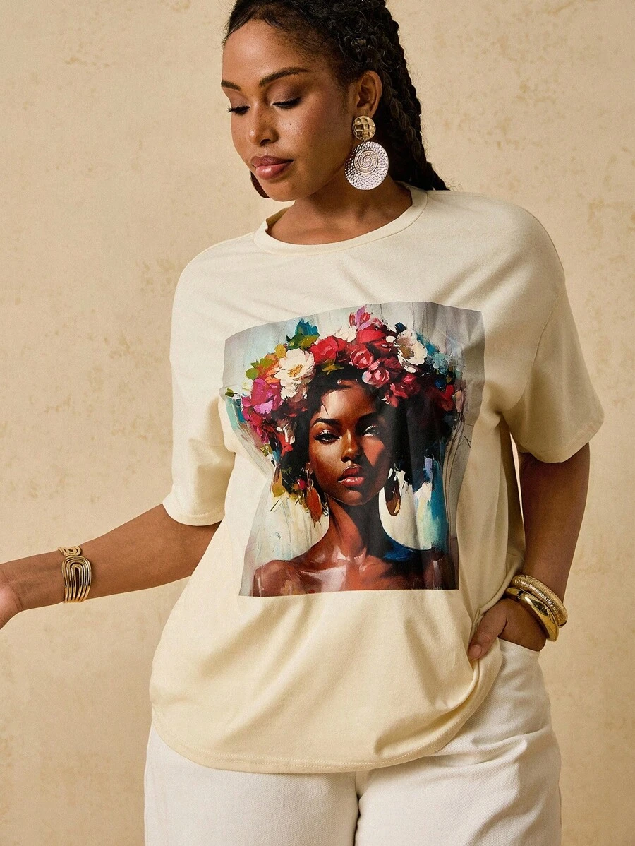SHEIN VCAY Oversized Aprikot Loose Muster T-Shirt, Afrikanischer Frauen Muster Casual Top für Sommerurlaub, Oversized T-Shirt für Frauen, Oversized Grafik T-Shirts Frauen, Oversized Grafik Tees Frauen, Floral Grafik Tee, Boho Chic Urlaub Ferien, Urban Coastal Stil, Country Old Money Vintage, Lehrer Rückkehr zur Schule, Ausgehen - Aprikosenfarben - Übersicht 1