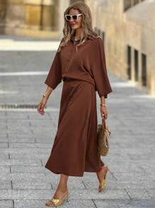 SHEIN Clasi Women's Elegant Autumn Shirt Dress 2 Pieces Set,Coffee Brown Vintage French Style Outfit,Teacher Outfits,Fall Clothes,Brunch Country Suit - Mocha Brown - View 5