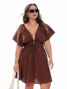 Solavibe Plus Size Casual Vacation Textured Ruffle Sleeve V-Neck Tied Waist Dress,Summer Dresses For Women,Dresses Casual
