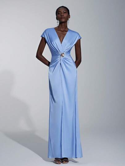 Elitara Elegant & Romantic Coffee Color Pleated Short Sleeve A-Line Bridesmaid Dress With Slit