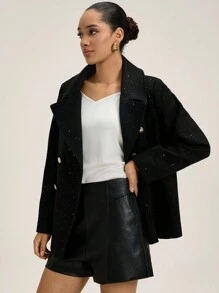 GENKIRA Avec décoration argentée, design vintage, décoration croisée polyvalente pour femmes. Manteau de ville pour l'automne et l'hiver pour femmes - Noir - Voir 4
