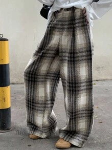 DAZY Pantalones rectos holgados y casuales con bloques de color y cuadros para mujer, adecuados para otoño e invierno en la escuela - Marrón - Ver 2