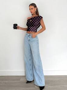 Siren Gaze 女士休闲优雅斜肩紫色波尔卡圆点褶皱短款上衣，适合夏季，适合日常穿着