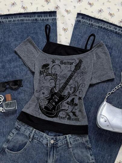 Attitoon T-shirt à manches courtes pour femmes, style décontracté rétro punk gothique, imprimé guitare et rose épineuse anglaise, couleurs contrastées, style Y2K, convient pour le streetwear