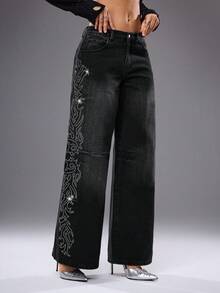 Shutterstock Y2Kool Pantalones vaqueros anchos de pierna ancha con lavado ácido y distorsionado, con adornos de cristal de estilo gótico de espinas para mujer, adecuados para fiestas de Halloween, vuelta al colegio, otoño/invierno, y estilo callejero Y2K