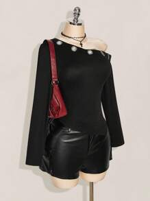 SHEIN ICON Áo len dệt kim tay dài đính lỗ kim loại chéo vai cỡ lớn, thời trang thu đông Y2K cổ điển - màu đen - Xem 4
