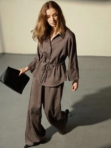 Aveloria Modichic 2 件女式条纹咖啡色狩猎风格服装，宽松休闲长袖衬衫，抽绳领和直筒裤，秋冬 - 棕色 - 查看 2