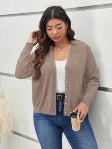 SHEIN Frenchy Cárdigan informal de manga larga con botones de unicolor talla grande, cárdigan talla grande, cárdigan talla grande para mujer, cárdigan informal curvo para otoño/invierno - Albaricoque - Ver 6