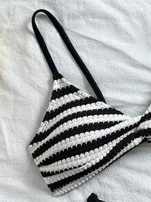 Swim Basics Women's Jacquard Fabric Twist Knot V-Neck Tie Bikini Set, Sexy Beach Vacation - Black and White - View 4