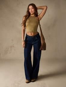 MISSGUIDED Quần jeans ống rộng cạp cao phong cách cổ điển Y2K Quần jeans ống loe dài thời trang retro thập niên 70 - Màu xanh hải quân - Xem 3