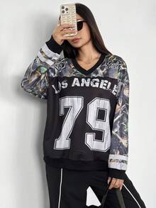 Teens (Girls) Casual Street Sports Jersey Camouflage Oversized V-Neck Sweatshirt Fall Winter - Black - View 10