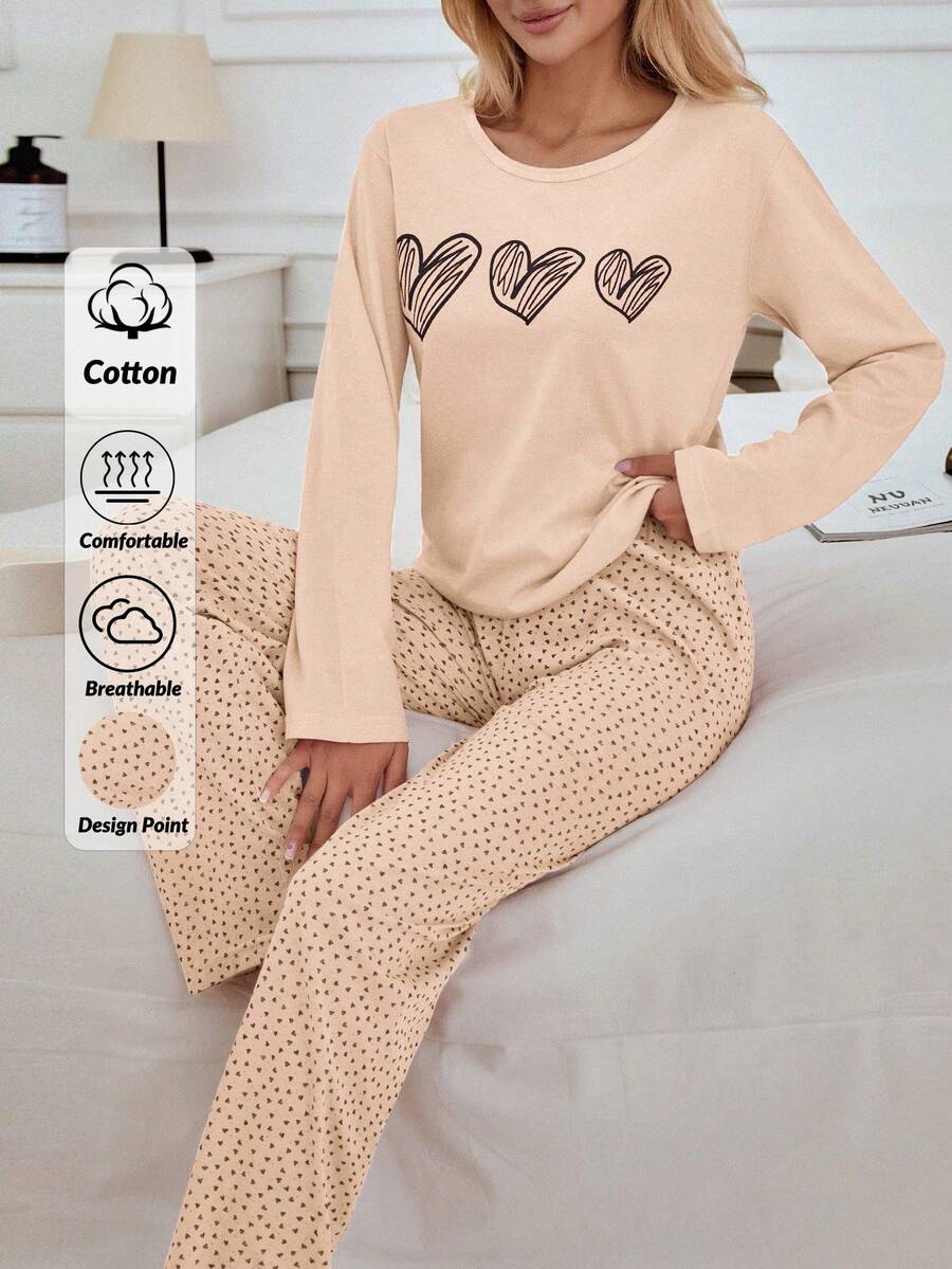 EURMUSE 100% Cotton 2Pcs Heart Printed PJ Set - Dusty Pink - View 1