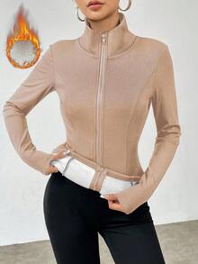 SHEIN Unity Casual Solid Color Thermal Lined Slim Fit Jacket, Autumn/Winter Fall Cloth For Women - Khaki - View 6