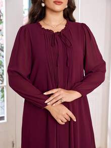 Lacomfia 大码女式宽松休闲荷叶边领带腰长袖连衣裙 - 酒紅色 - 查看 5