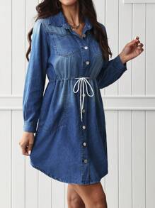 EMERY ROSE Women's Casual Denim Dress With Pockets And Drawstring - Blue - View 4