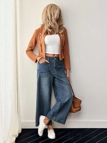 EMERY ROSE Women's Pocket Design Wide Leg Loose Casual Versatile Cropped Jeans - Blue - View 2